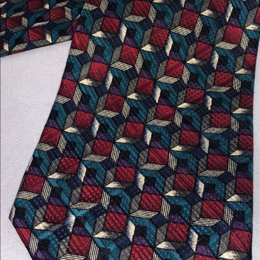 J G Hook neck tie cube pattern maroon navy blue square geometric design